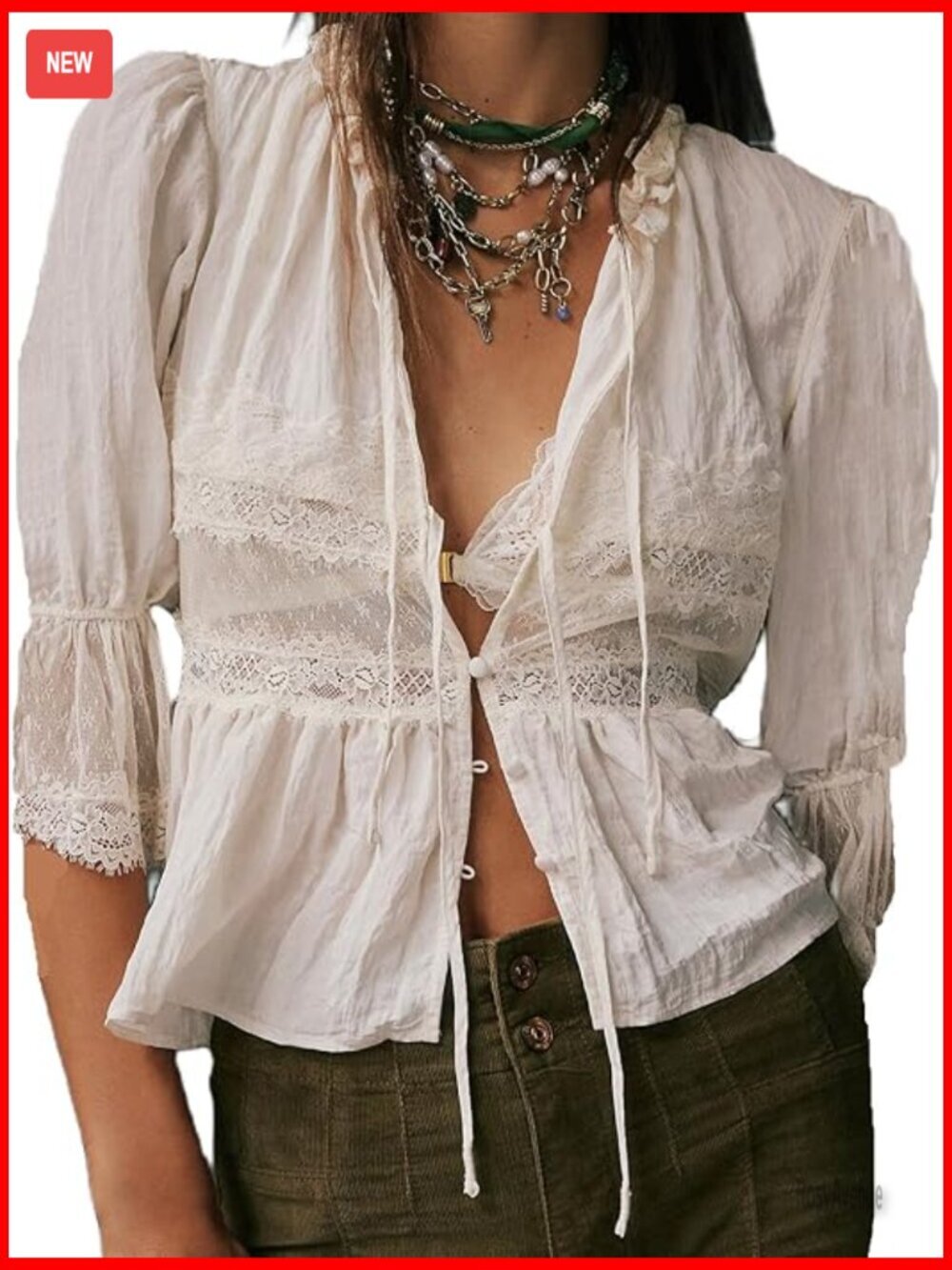 Lace Patchwork Half Sleeve Peplum Blouse with Front Tie